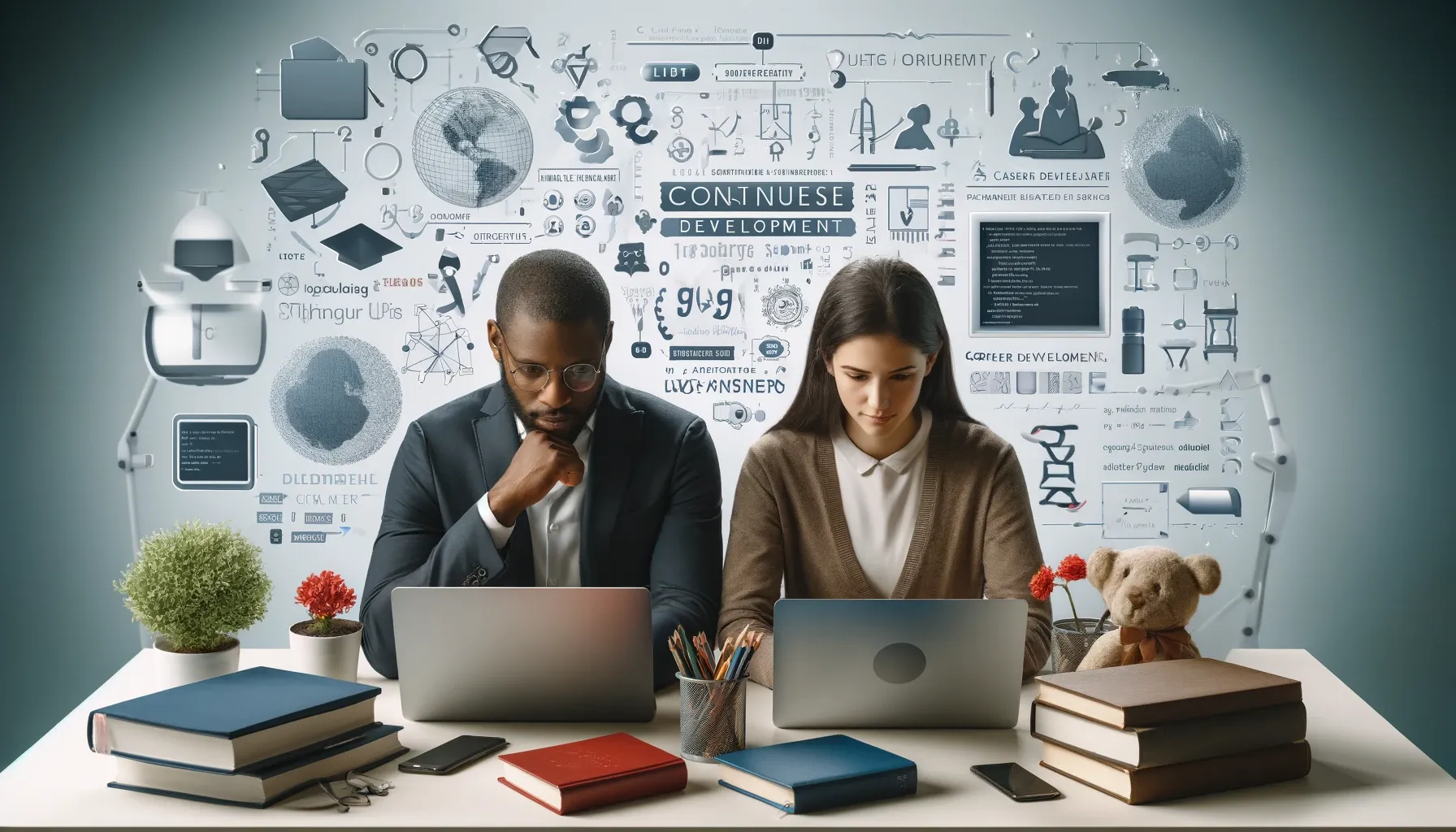 Photo representing two software engineers studying at laptops, surrounded by books.