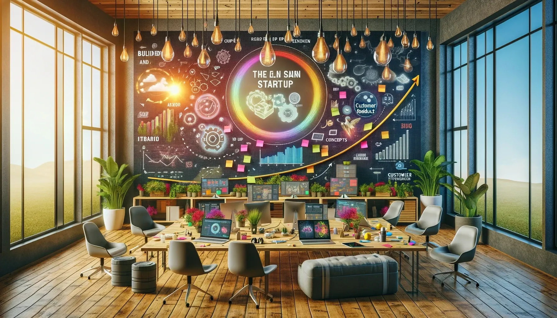 Blackboard with charts showing growth, iconography of cogs, and cloud servers behind a meeting table covered in open laptops.