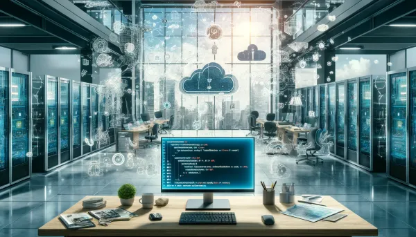 Image of desktop PC with IaC code. Surrounded by servers and icons representing cloud computing