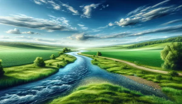Image of a smooth running river in a serene green landscape