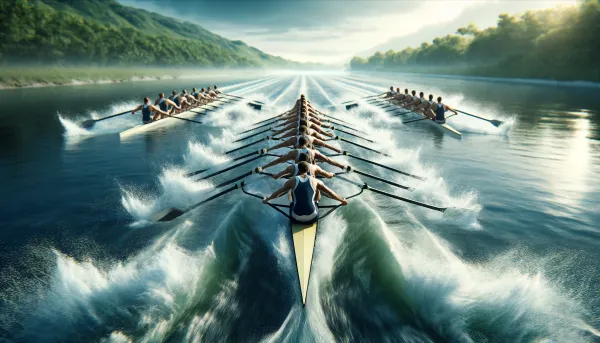Image depicting a team of athletes rowing at high speed on a river