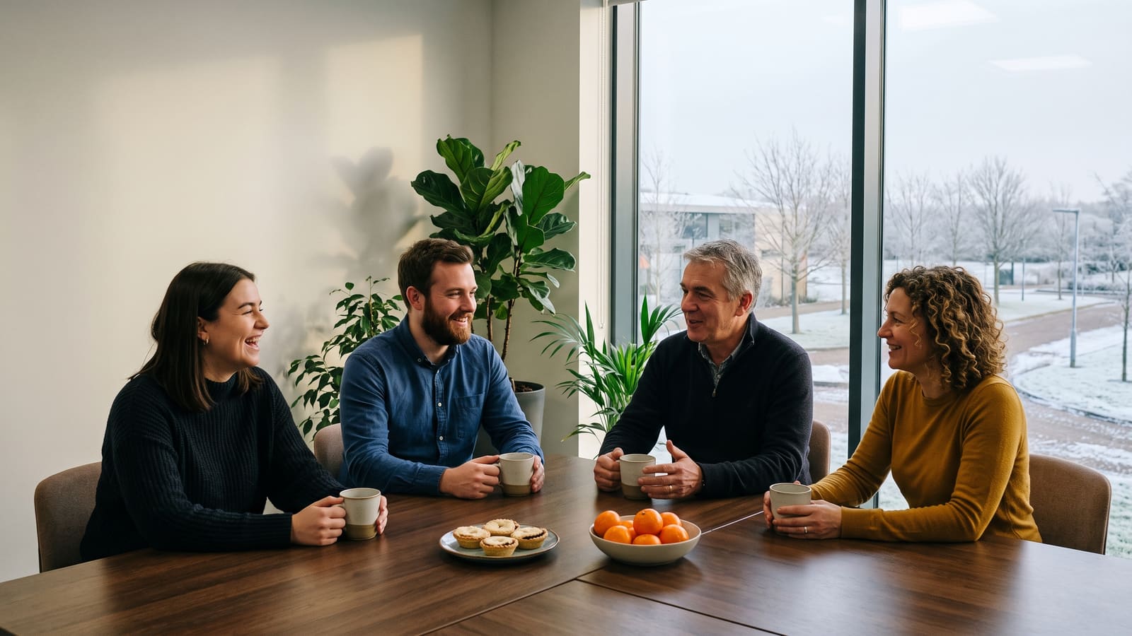 A small team shares mince pies and coffee around a meeting table on a frosty December day