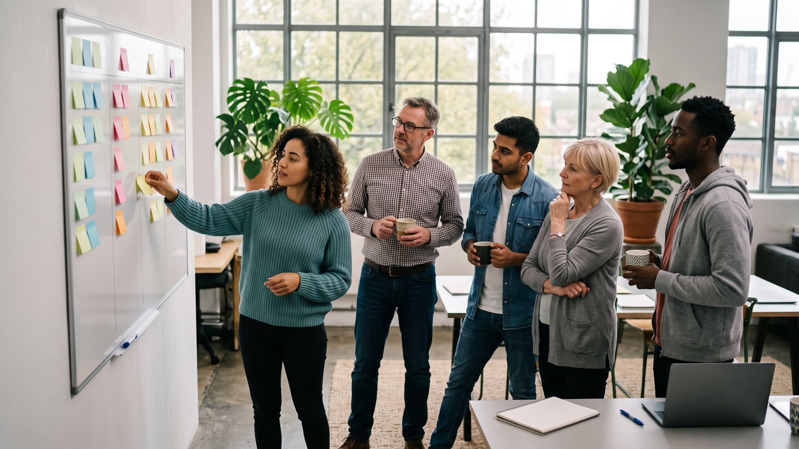 A software team holds a stand-up meeting beside a board of coloured sticky notes