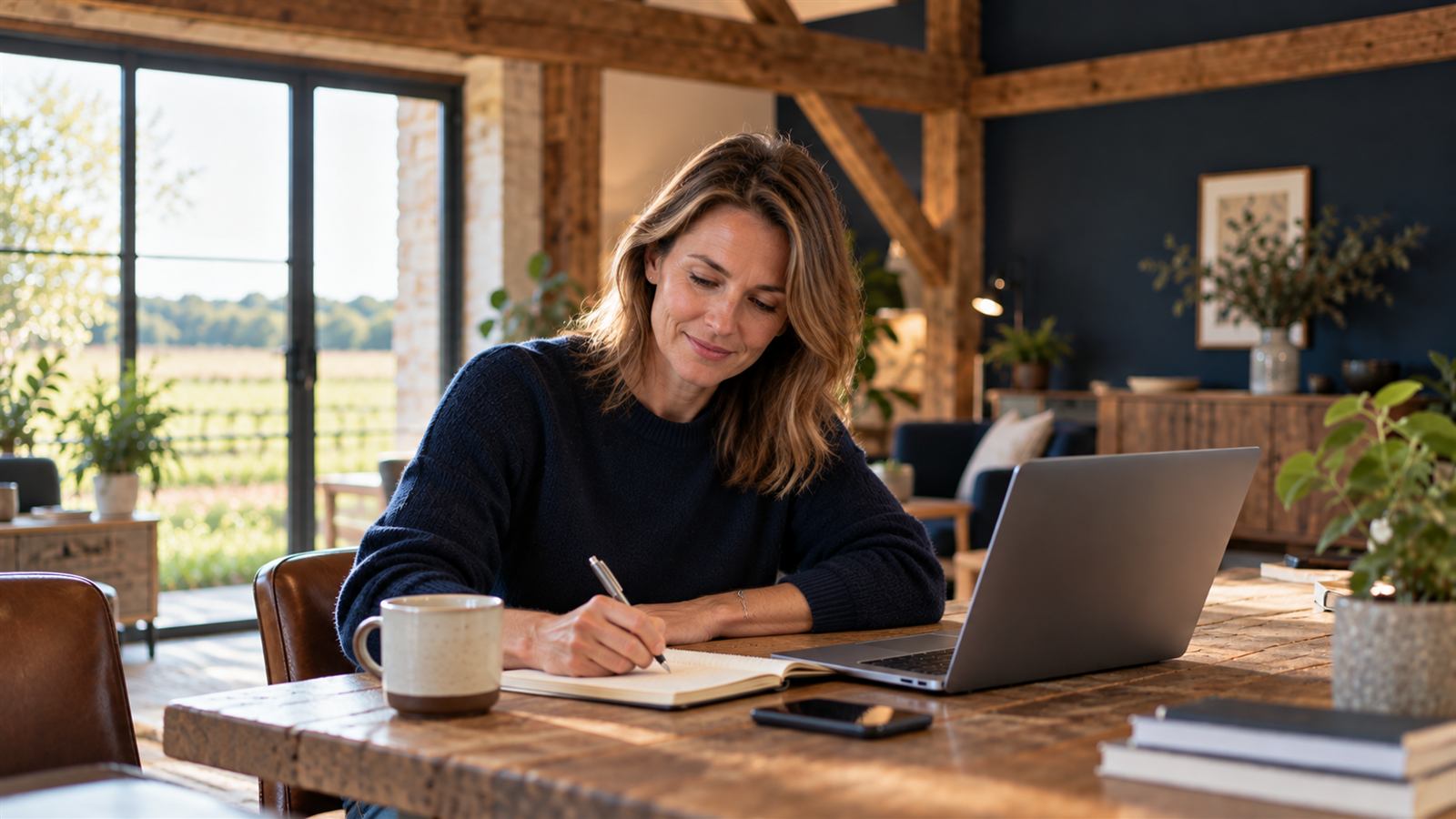 A business owner writing a short list in a notebook at a wooden table beside her laptop, in a converted barn office overlooking fields