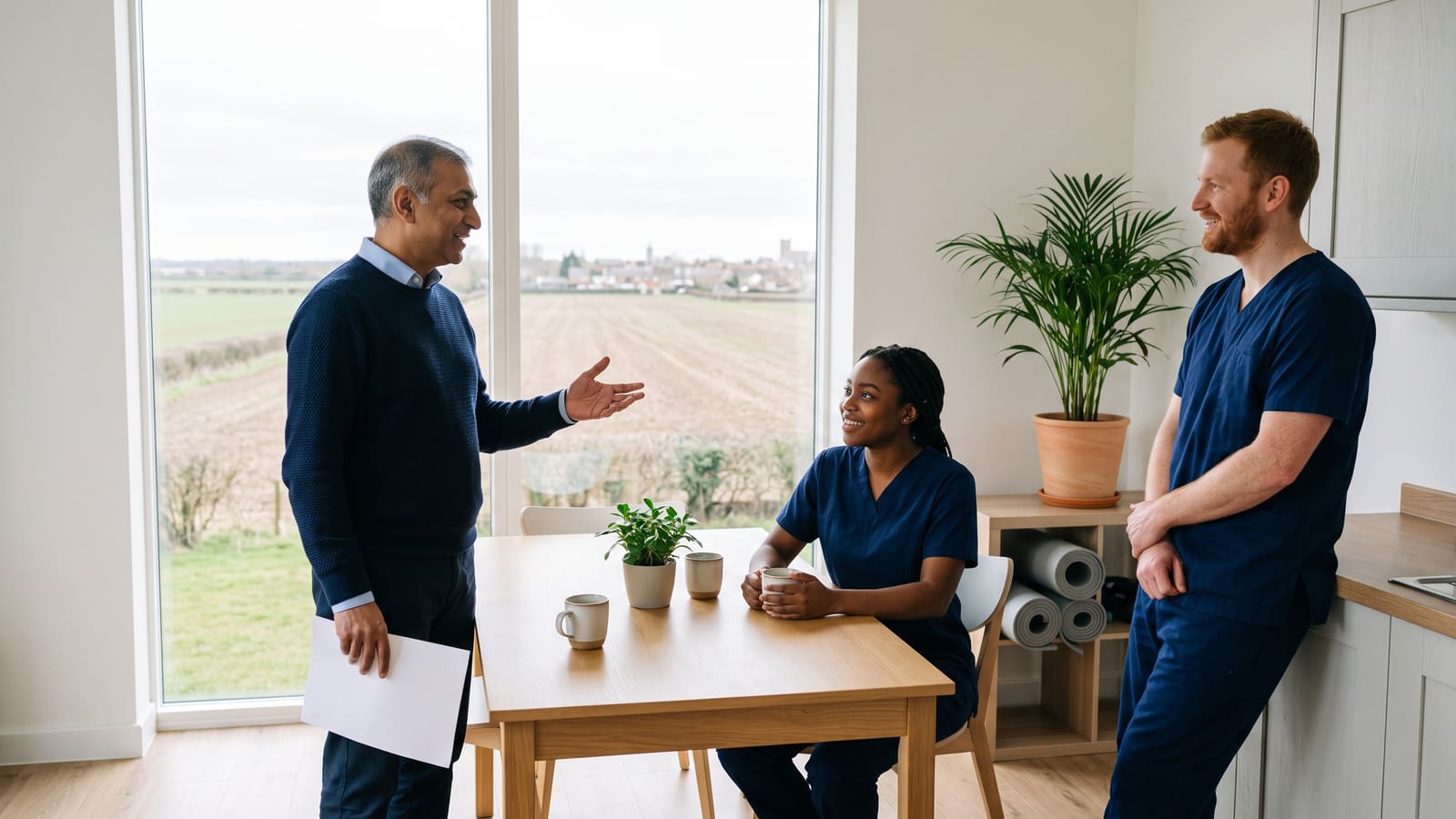 A practice manager in a navy jumper, holding a blank sheet of paper, chats with two smiling clinicians in navy tunics in the bright staff room of a modern clinic overlooking open fields