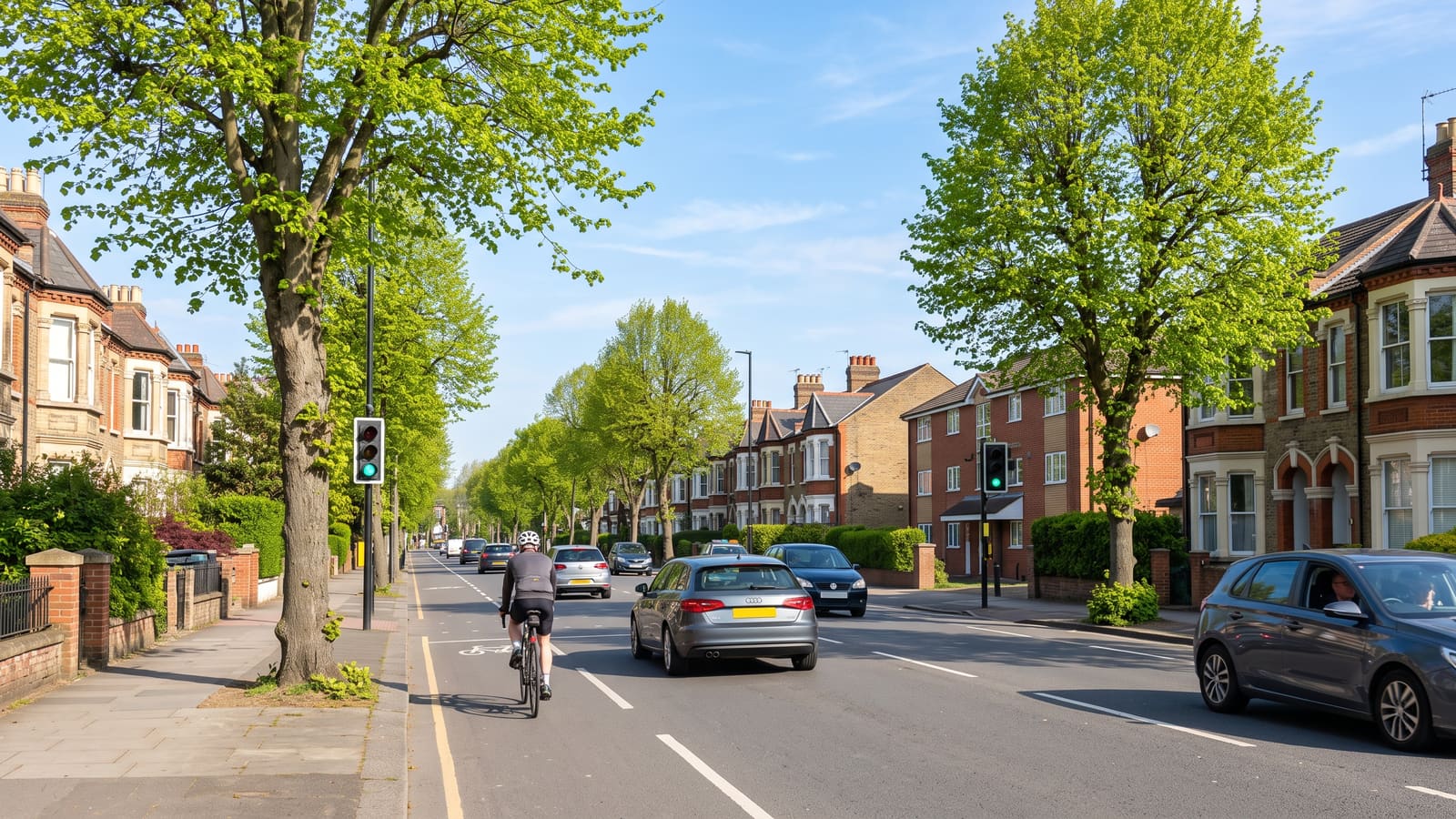 Light traffic and a cyclist on a tree-lined British road under a clear blue sky