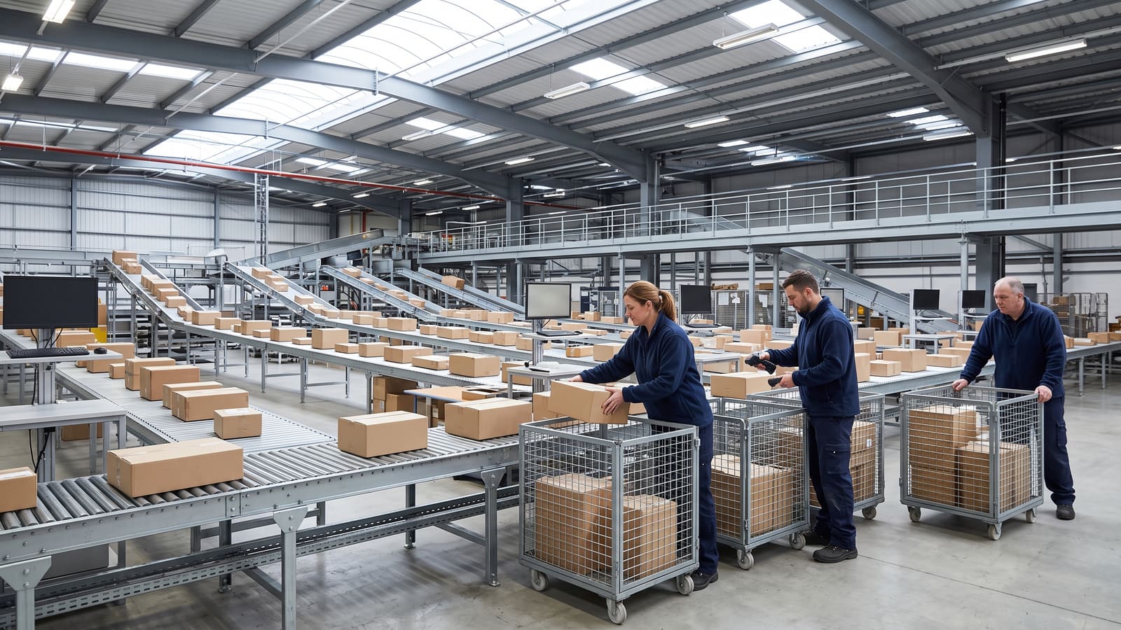 Workers sort parcels from roller conveyors into cages in a busy sorting hall