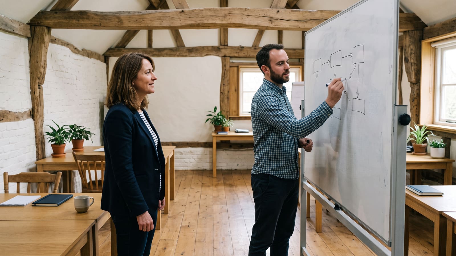 Two co-founders plan at a whiteboard in a converted barn office, one sketching boxes and arrows