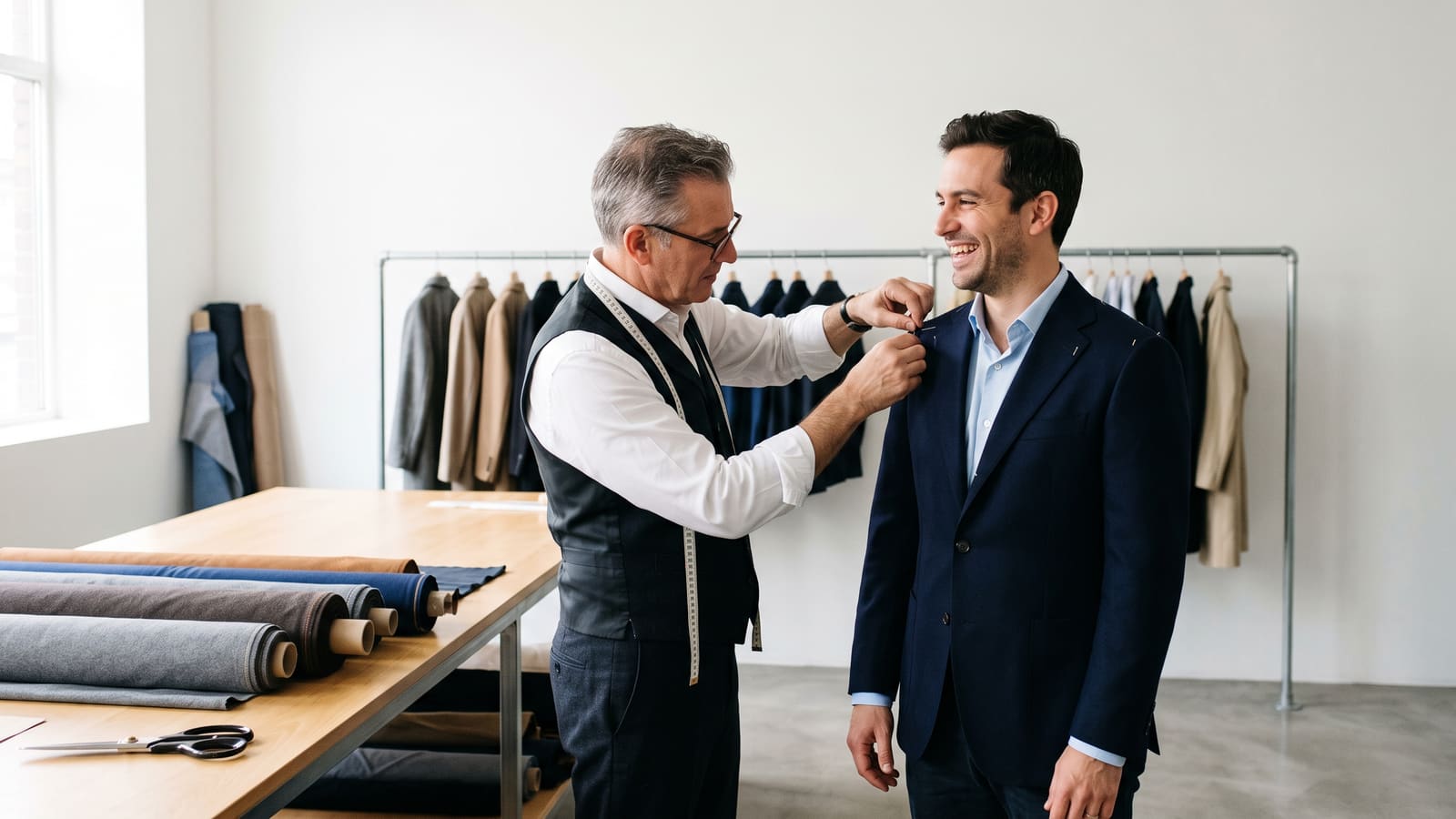A tailor pins the shoulder of a made-to-measure jacket on a smiling customer