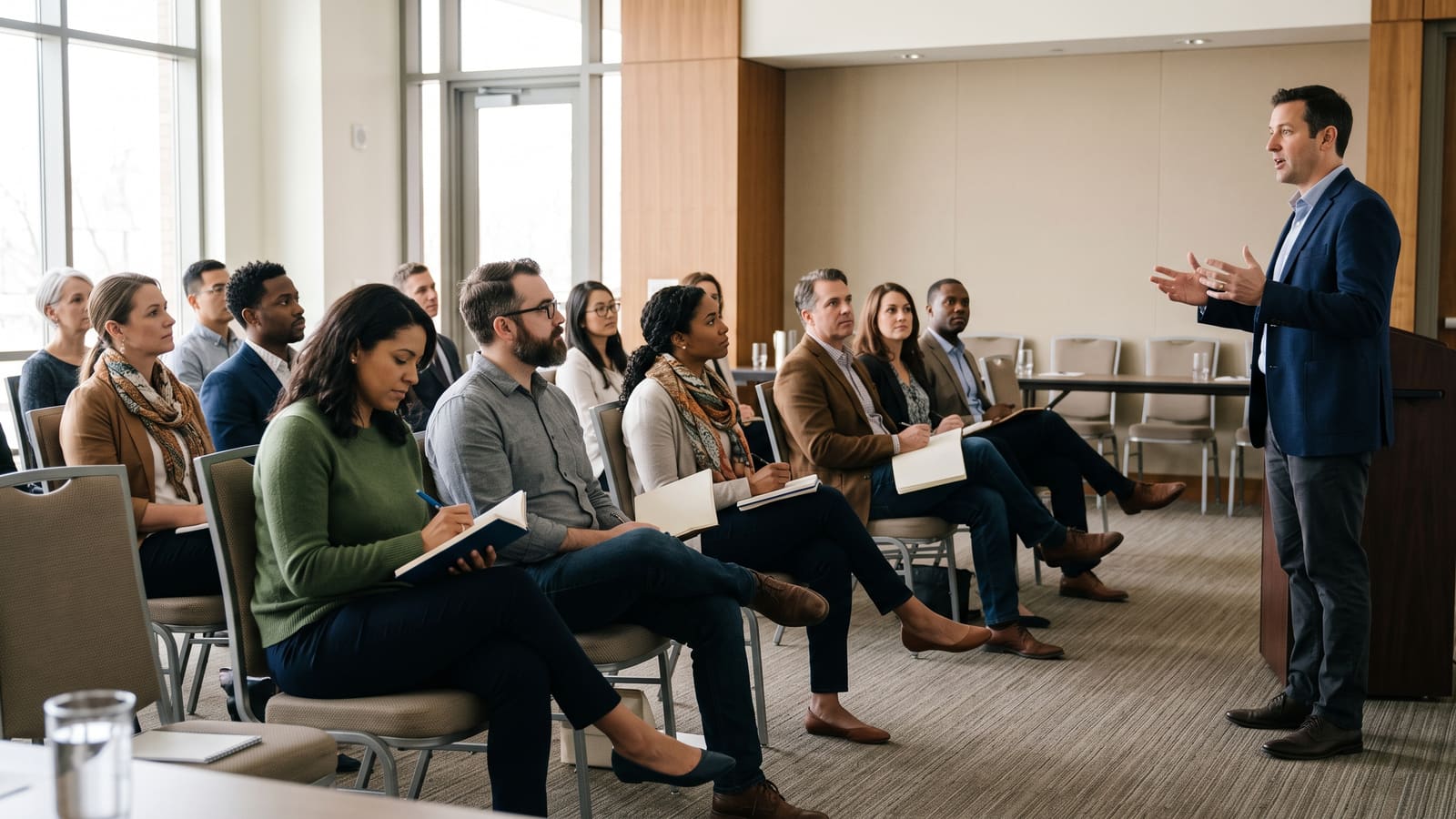 Small business owners take notes at a security briefing while a speaker talks at the front
