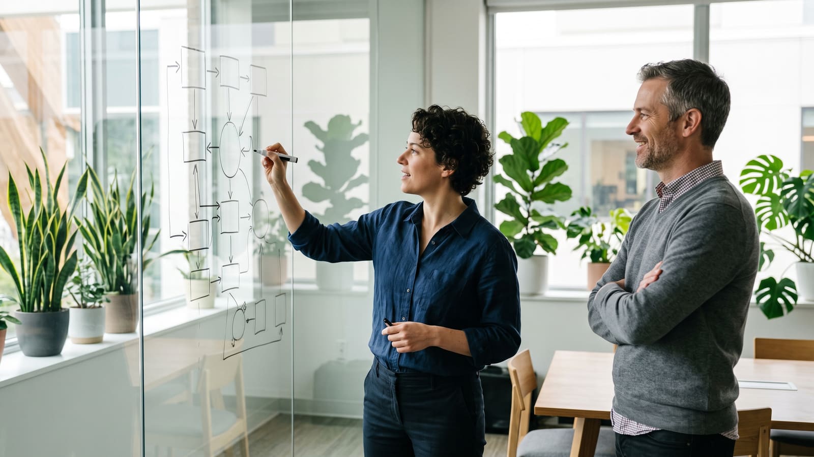 A cloud engineer sketches a diagram of boxes and arrows on a glass wall while a colleague watches