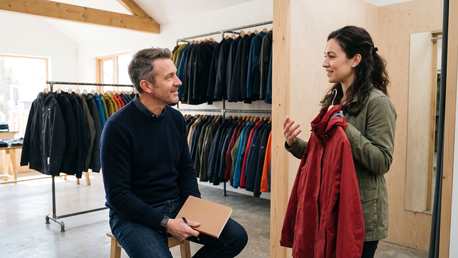 A shop owner listens as a customer describes how she uses a rain jacket