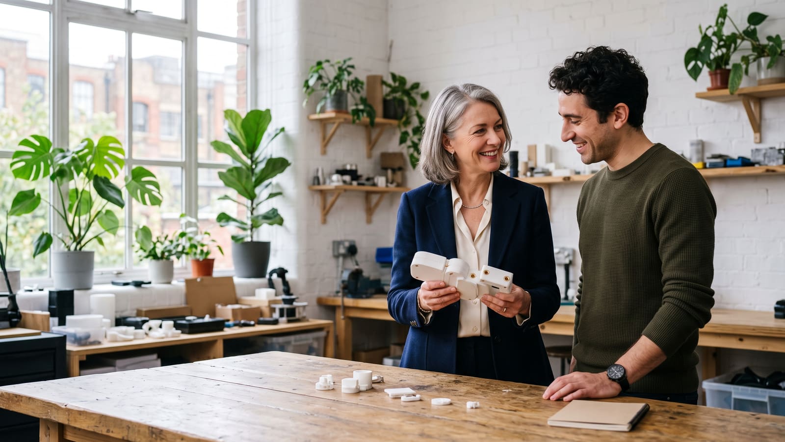 A business owner and a product designer look over a 3D-printed prototype in a workshop studio