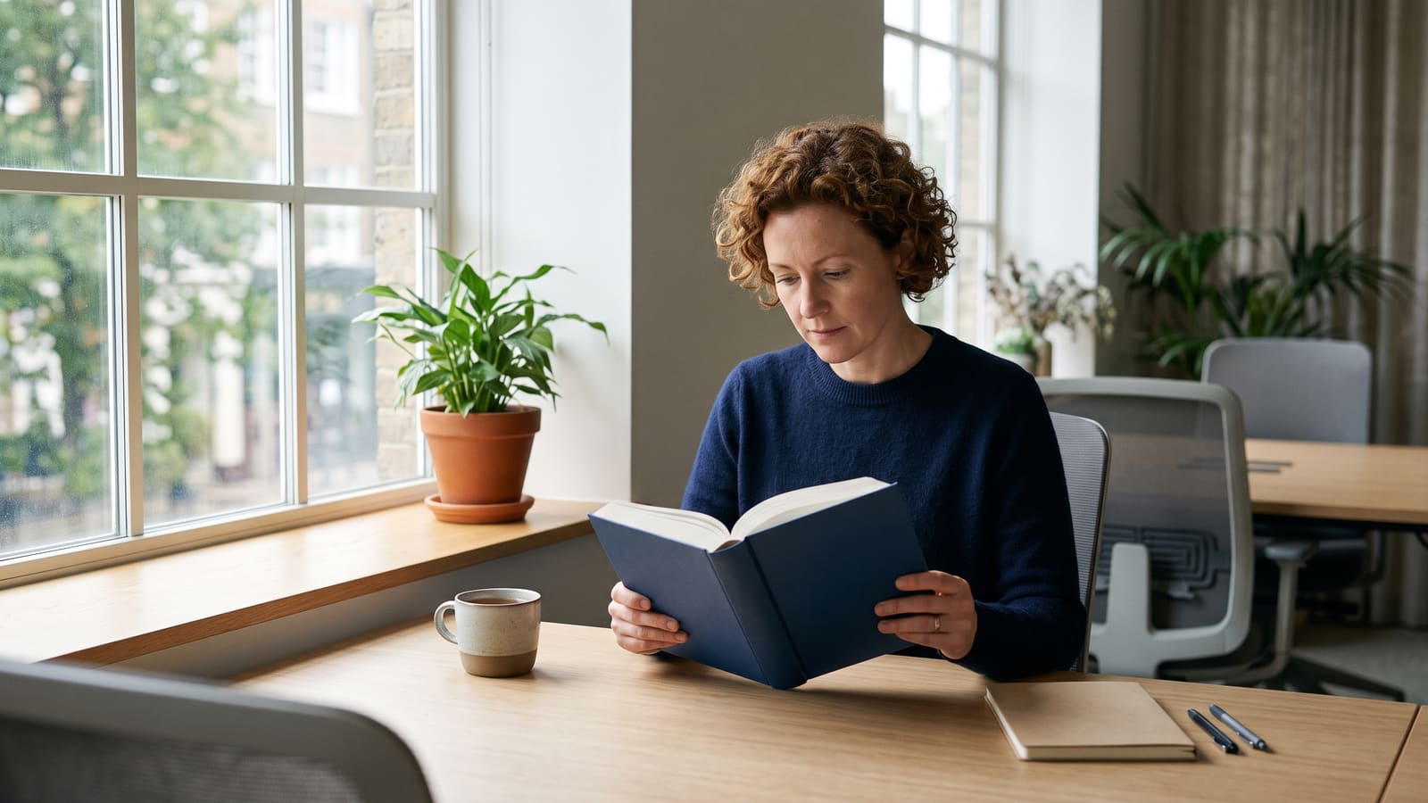 A developer reads a study guide at a desk by a sunny window