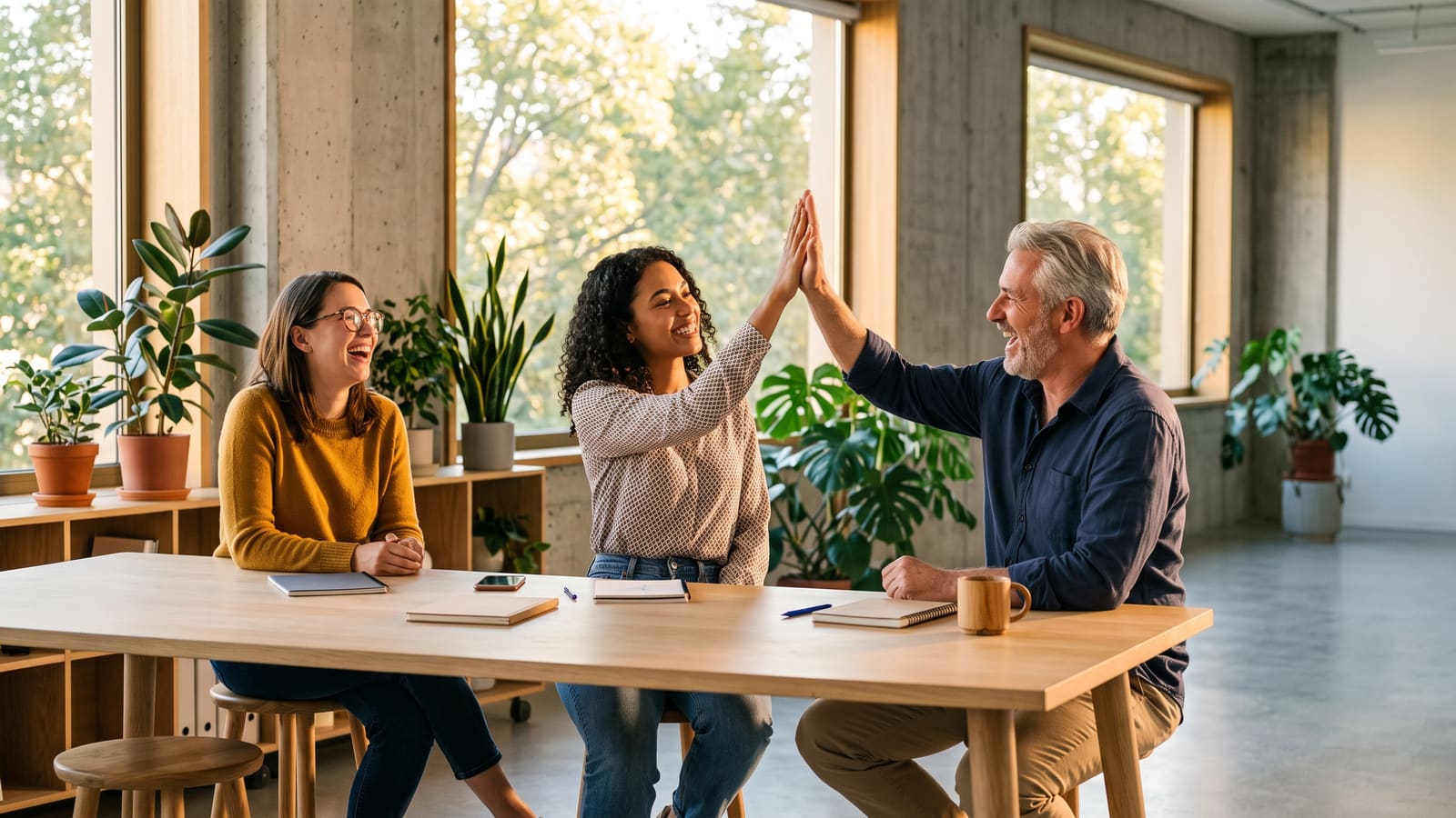 Two developers share a high-five across a desk while a colleague laughs