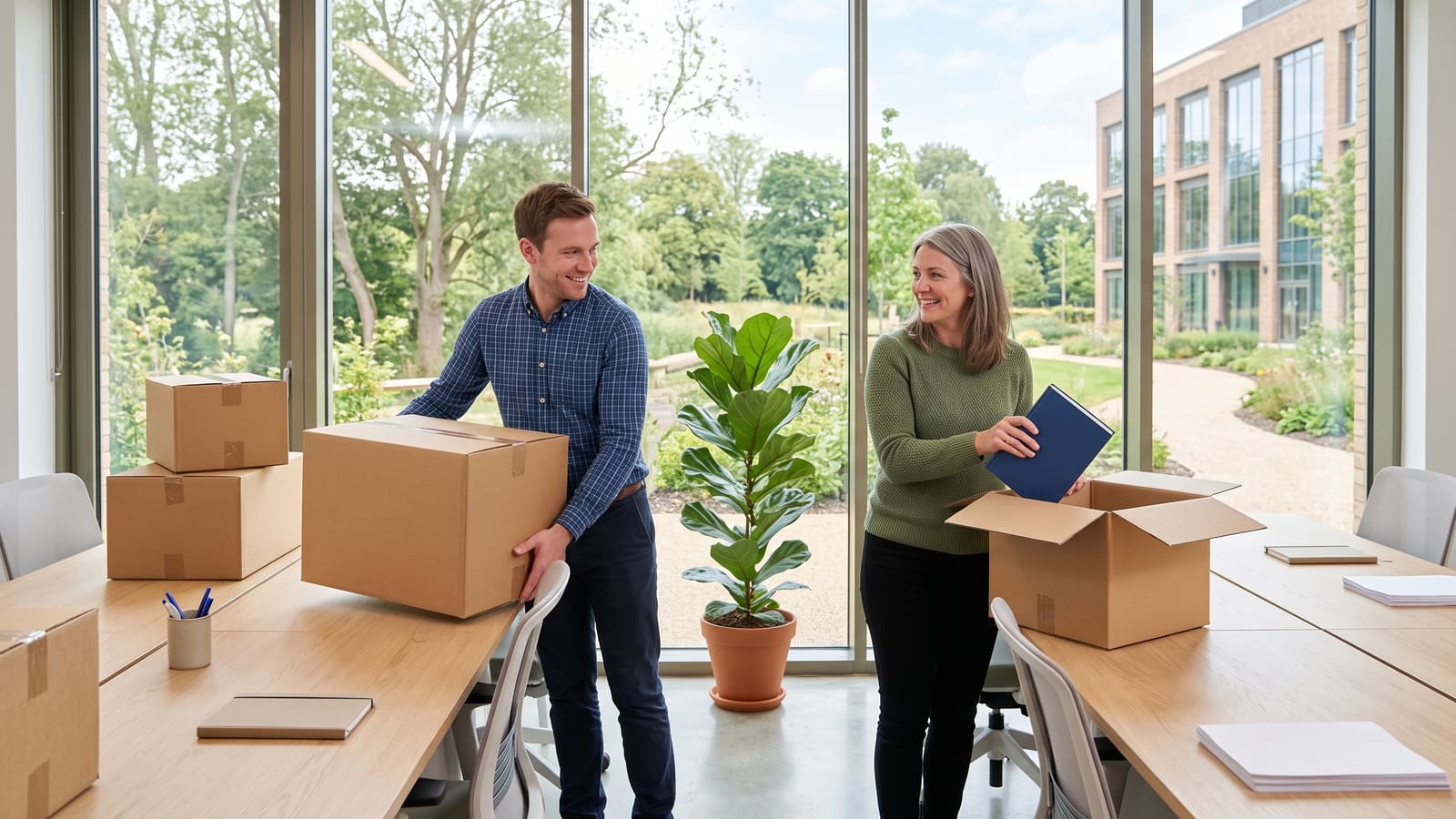 Two colleagues unpack boxes on moving-in day at a bright new office overlooking a landscaped park
