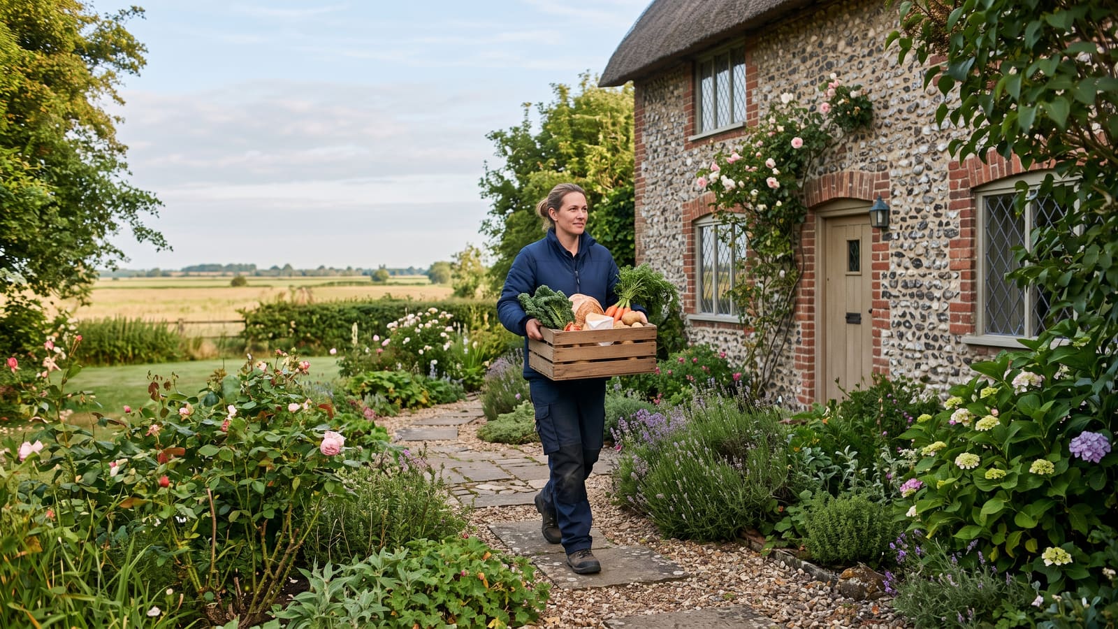 A delivery driver carries a crate of local produce up the path of a village cottage