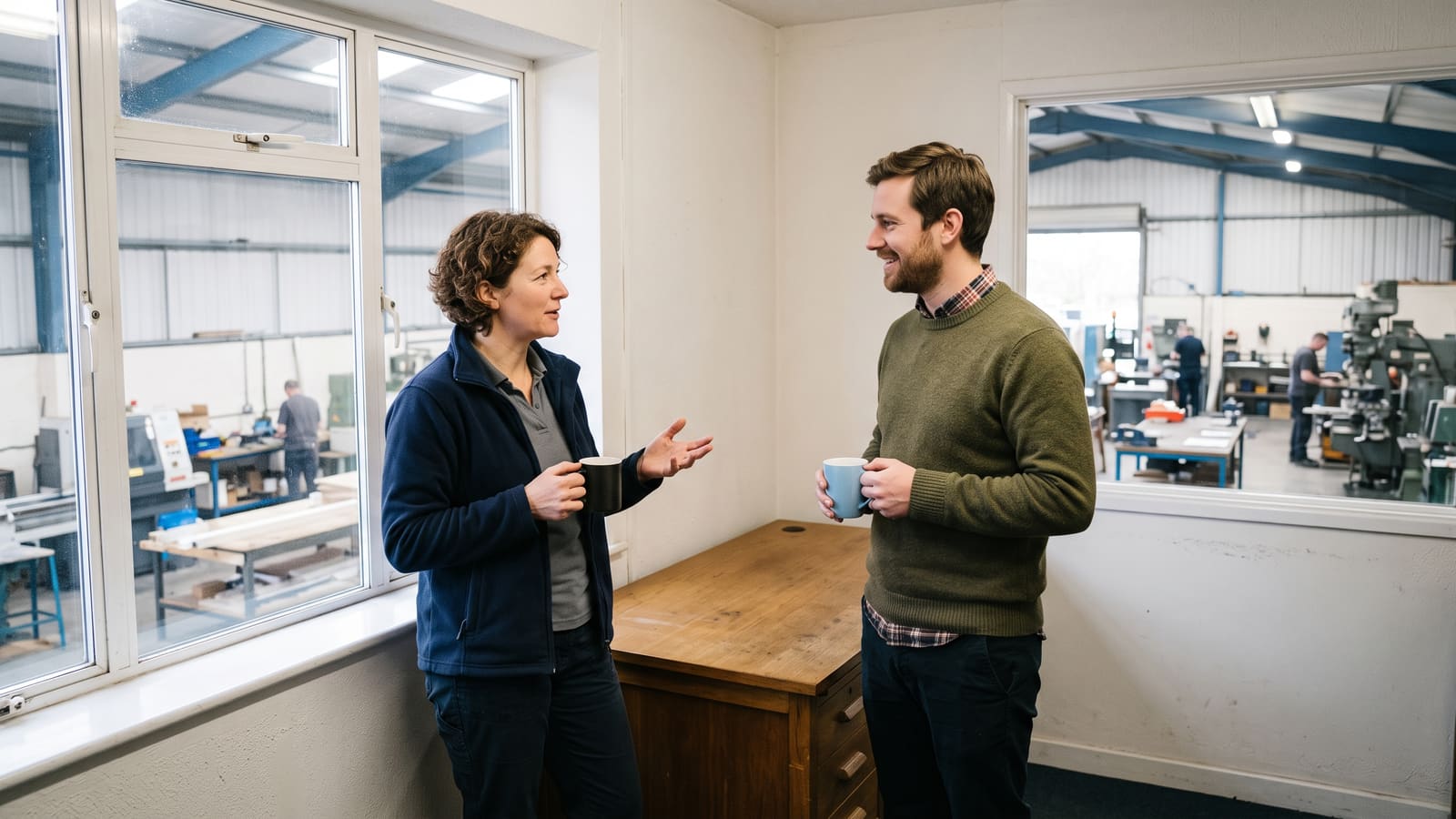 A manufacturing business owner talks through a plan with a technology adviser beside a window onto her workshop