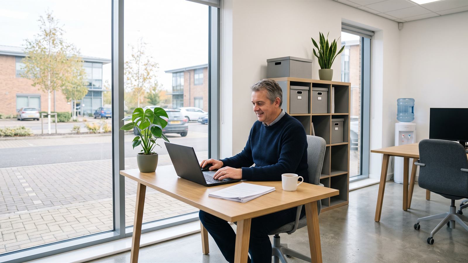 A business owner in a navy jumper working cheerfully at his laptop in a bright modern office on a business park, with a mug of tea and a neat pile of papers on the desk