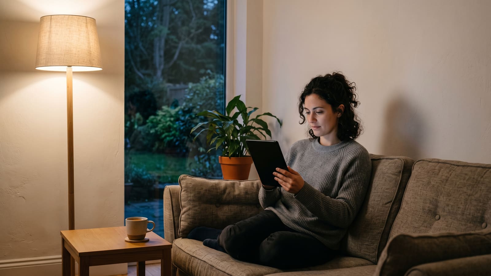 A woman studies an online course on a tablet on her sofa in the evening