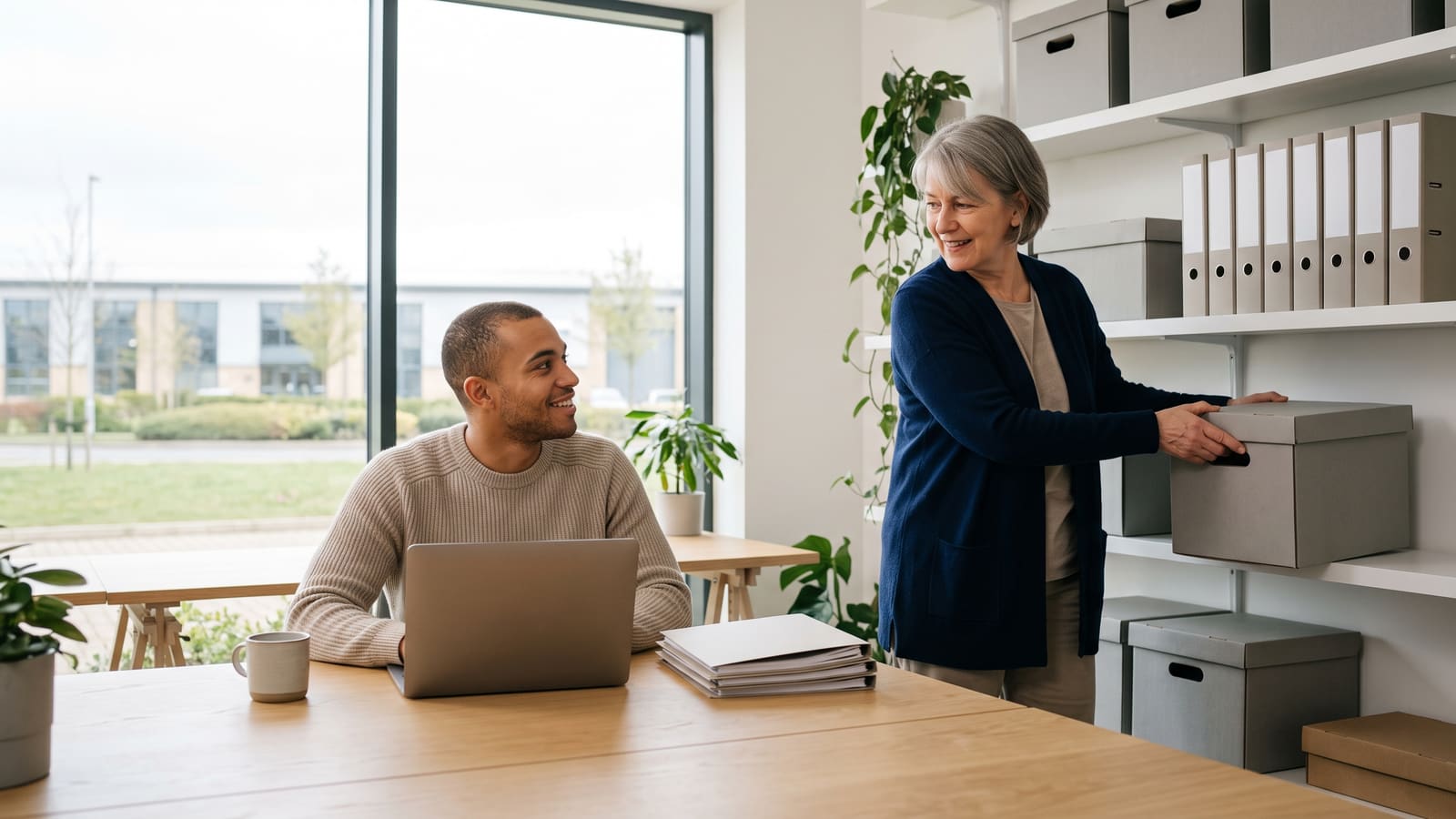 An owner in a navy cardigan placing a plain archive box on a tidy shelf of blank folders, smiling at a younger colleague seated at a laptop in a bright modern studio