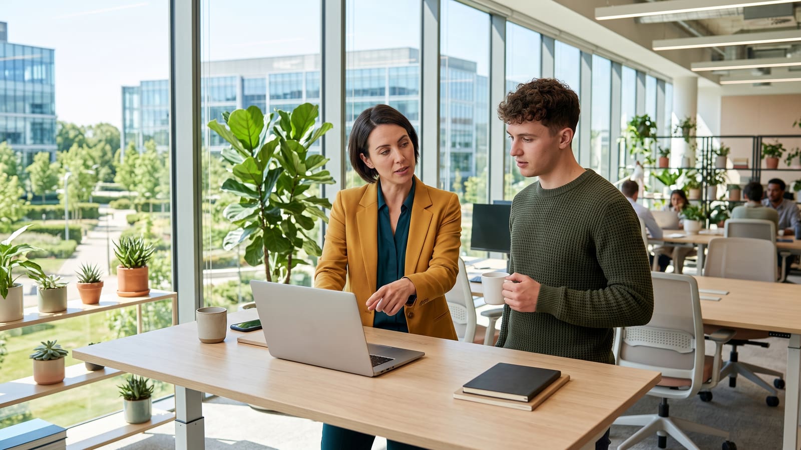 A marketing manager and a younger colleague discuss results at a standing desk in a bright co-working space