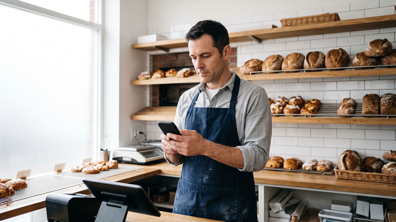 A bakery owner checks his phone behind the counter of his shop