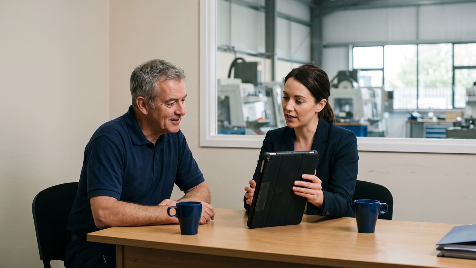 A security consultant goes through findings on a tablet with the owner of a manufacturing business in his workshop office