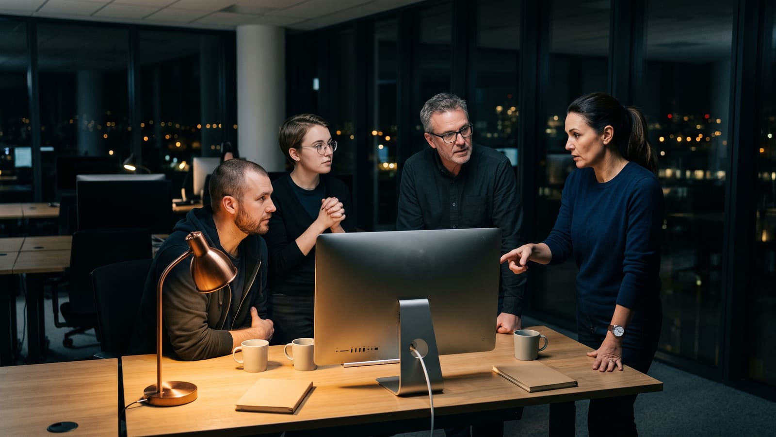 An IT operations team works together late in the evening around a monitor