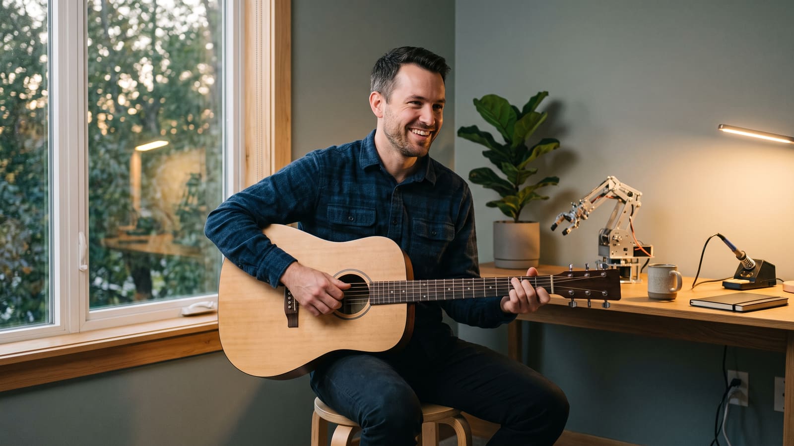 An engineer plays an acoustic guitar in his home office, with a small robotic arm kit on the desk behind him