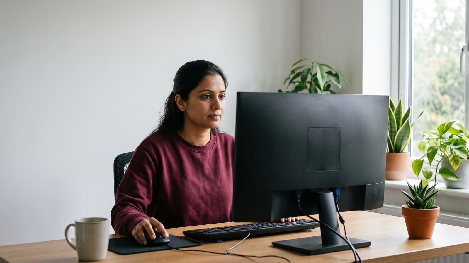 A web developer works at her monitor in a bright, calm office