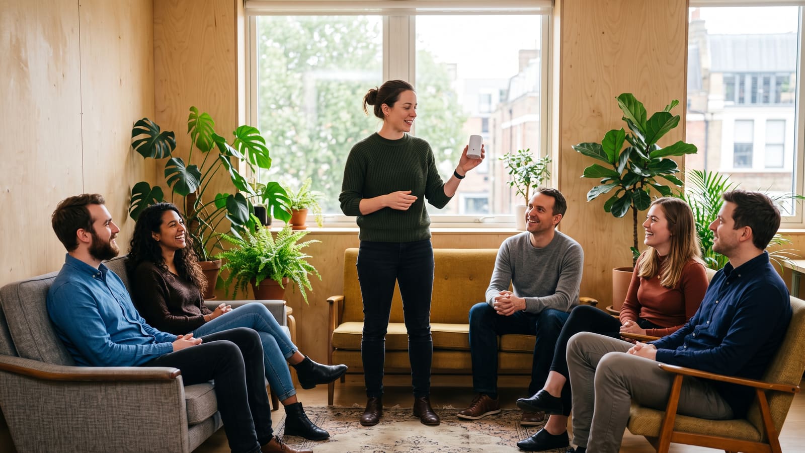 A colleague pitches a small sensor device to her team, who listen from sofas