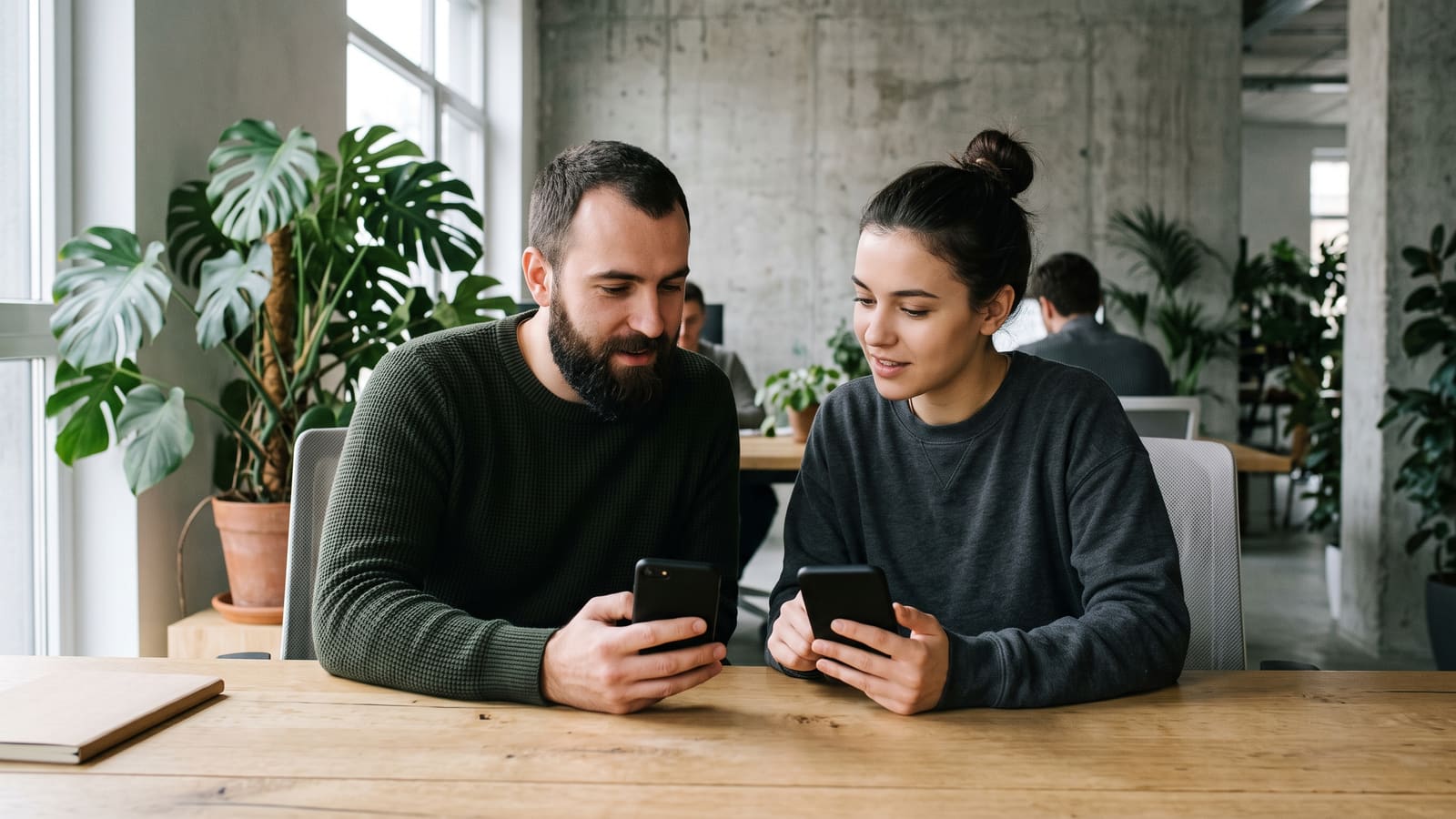 A product owner and a developer review an app on two phones at a desk in a software studio