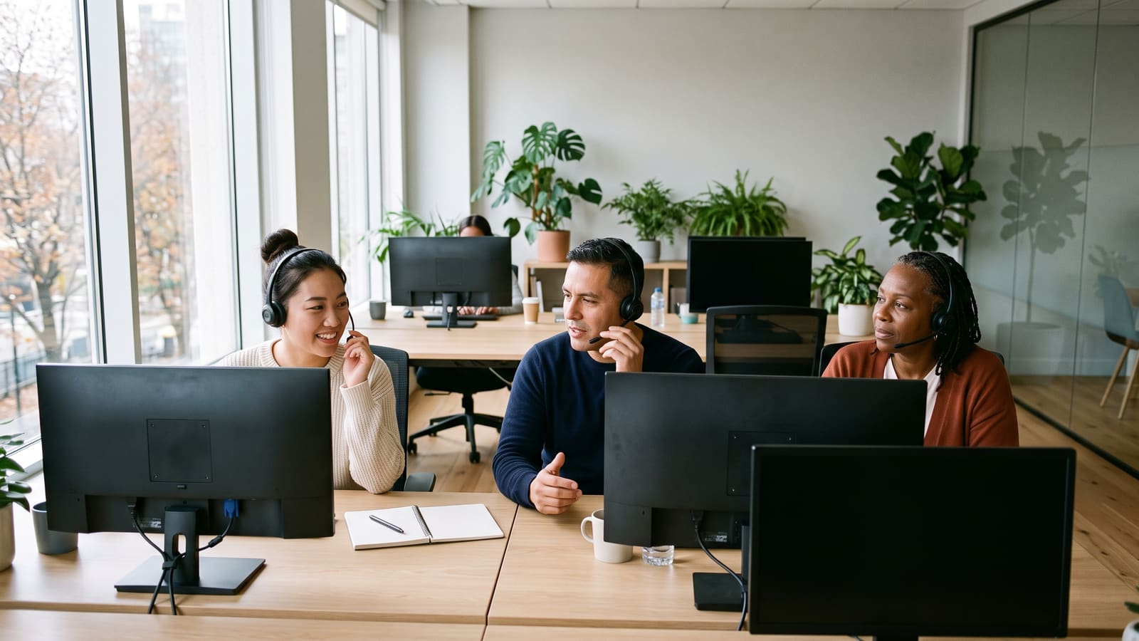 An online customer team in headsets talking with customers at their desks in a bright office
