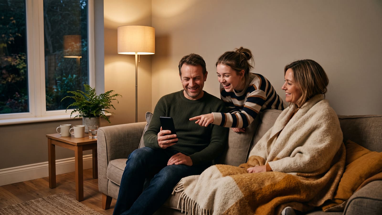 A family on the sofa laughs together as the father shops on his phone in the evening