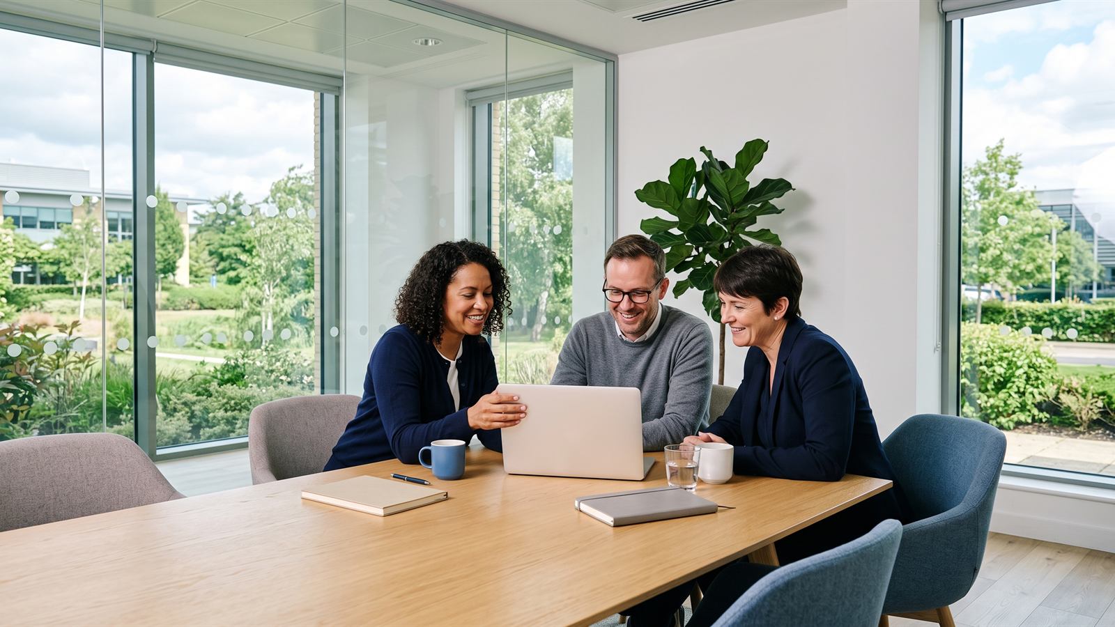 Three colleagues in a glass-walled meeting room on a landscaped business park, one turning a laptop to show the other two, with closed notebooks and mugs on the table