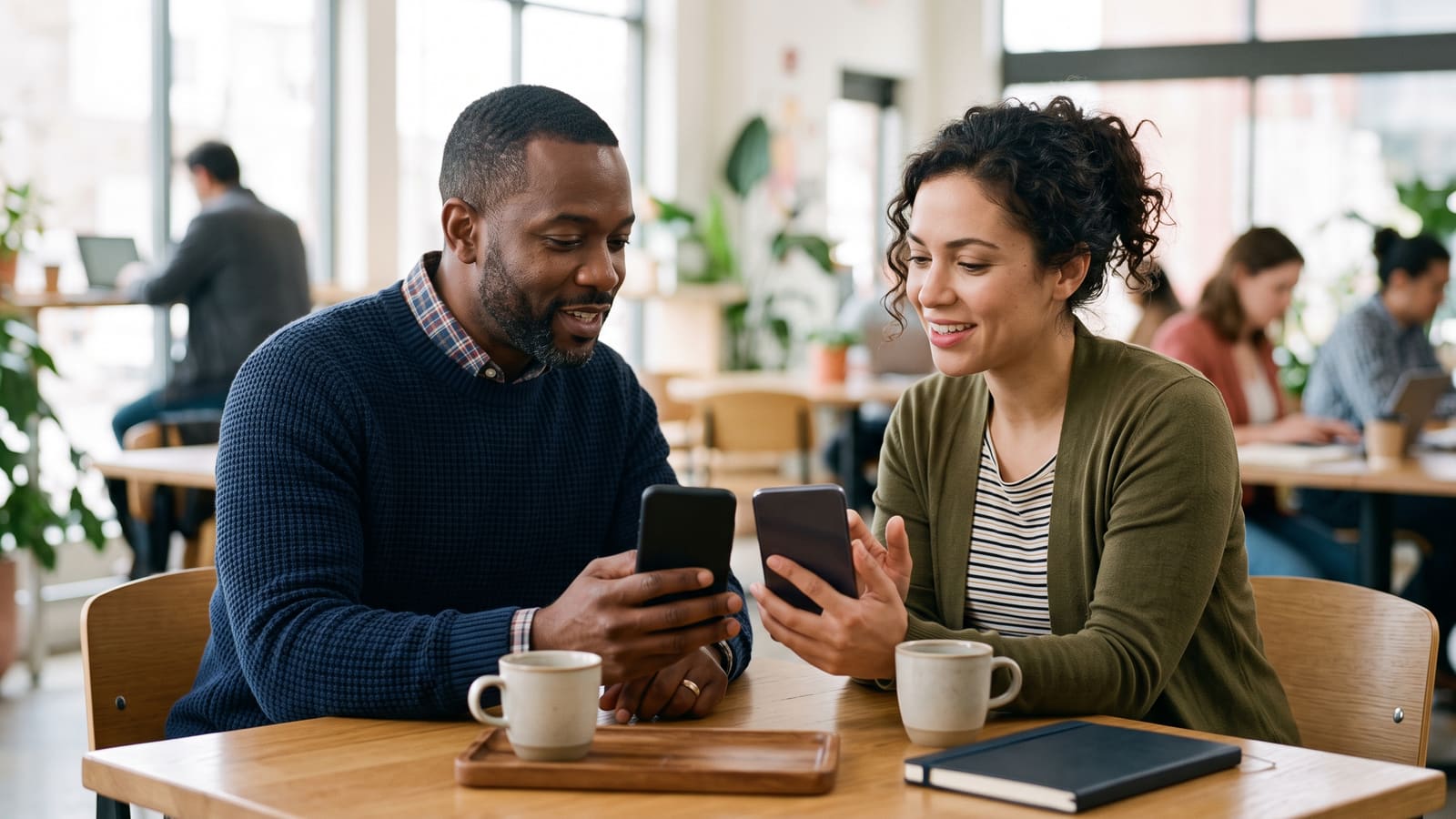 Two business owners compare two smartphones across a table in a co-working cafe