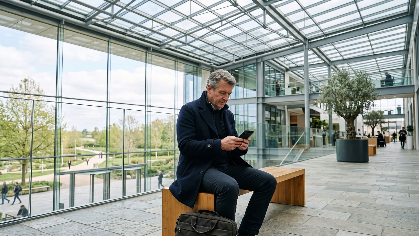 A man in a navy coat reads on his phone on a bench in a glass atrium, his laptop bag at his feet