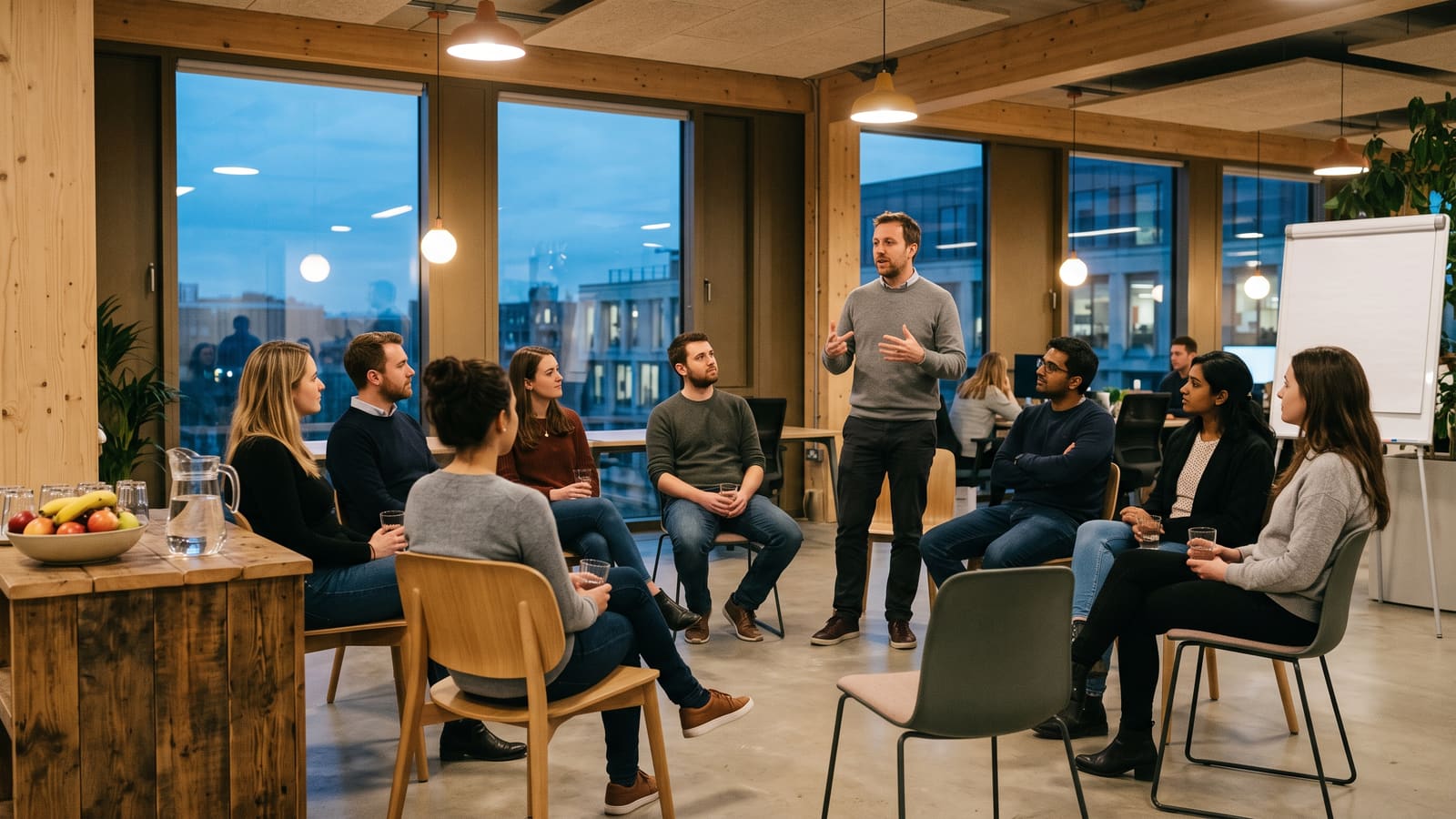 A speaker talks to a small group of developers seated in a semicircle at an evening meetup in a modern Cambridge office