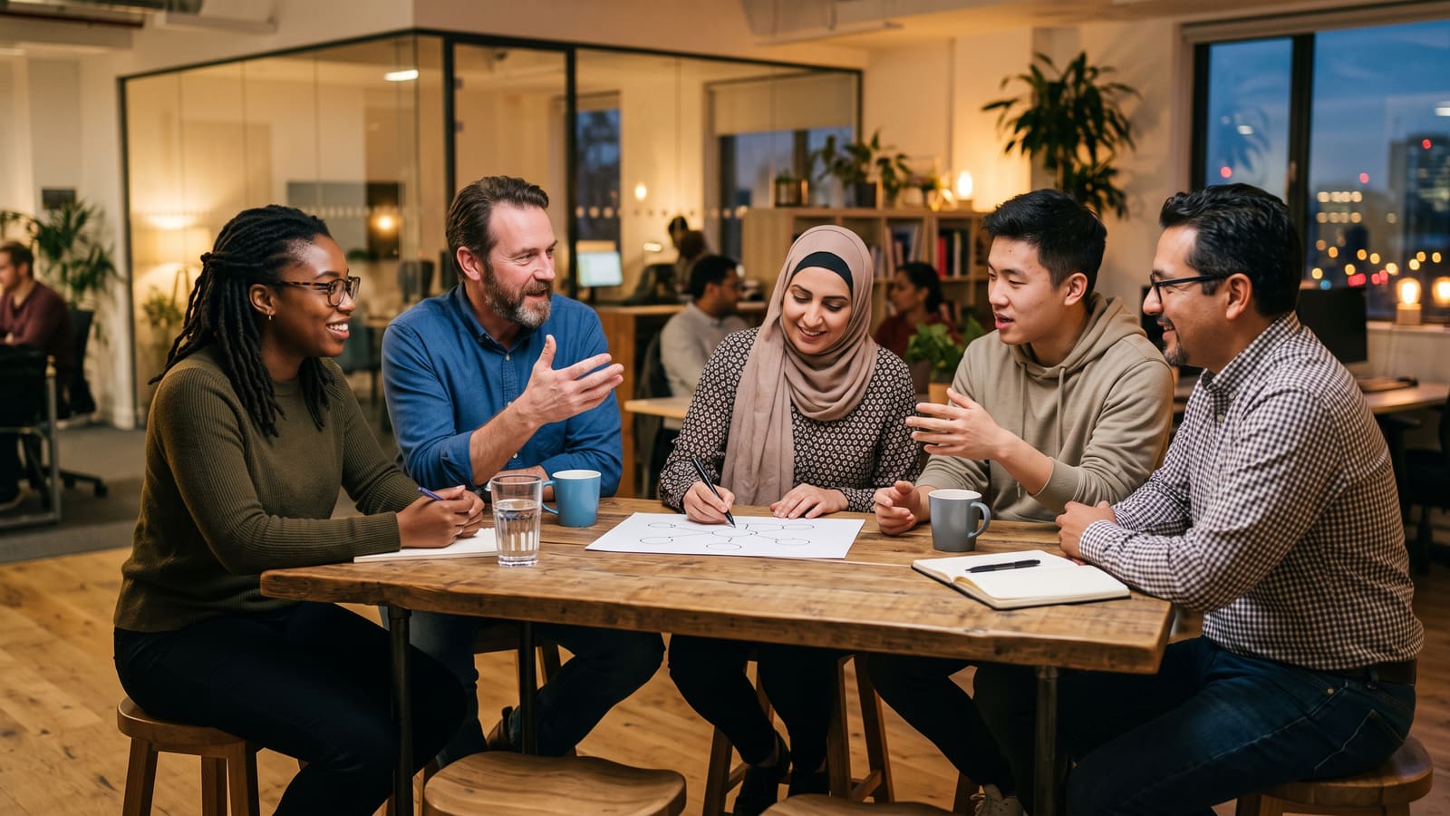 Five developers talk around a wooden table in the evening while one sketches a diagram of connected circles