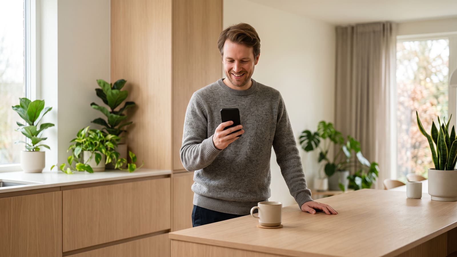 A man with a coffee buys something on his phone at the kitchen island of a modern flat