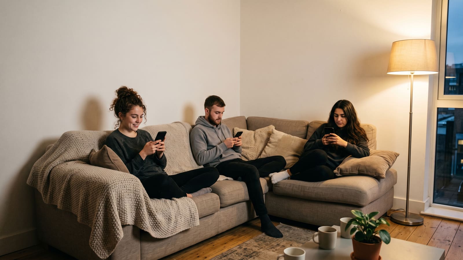 Three housemates on a sofa each absorbed in their own phone in the evening