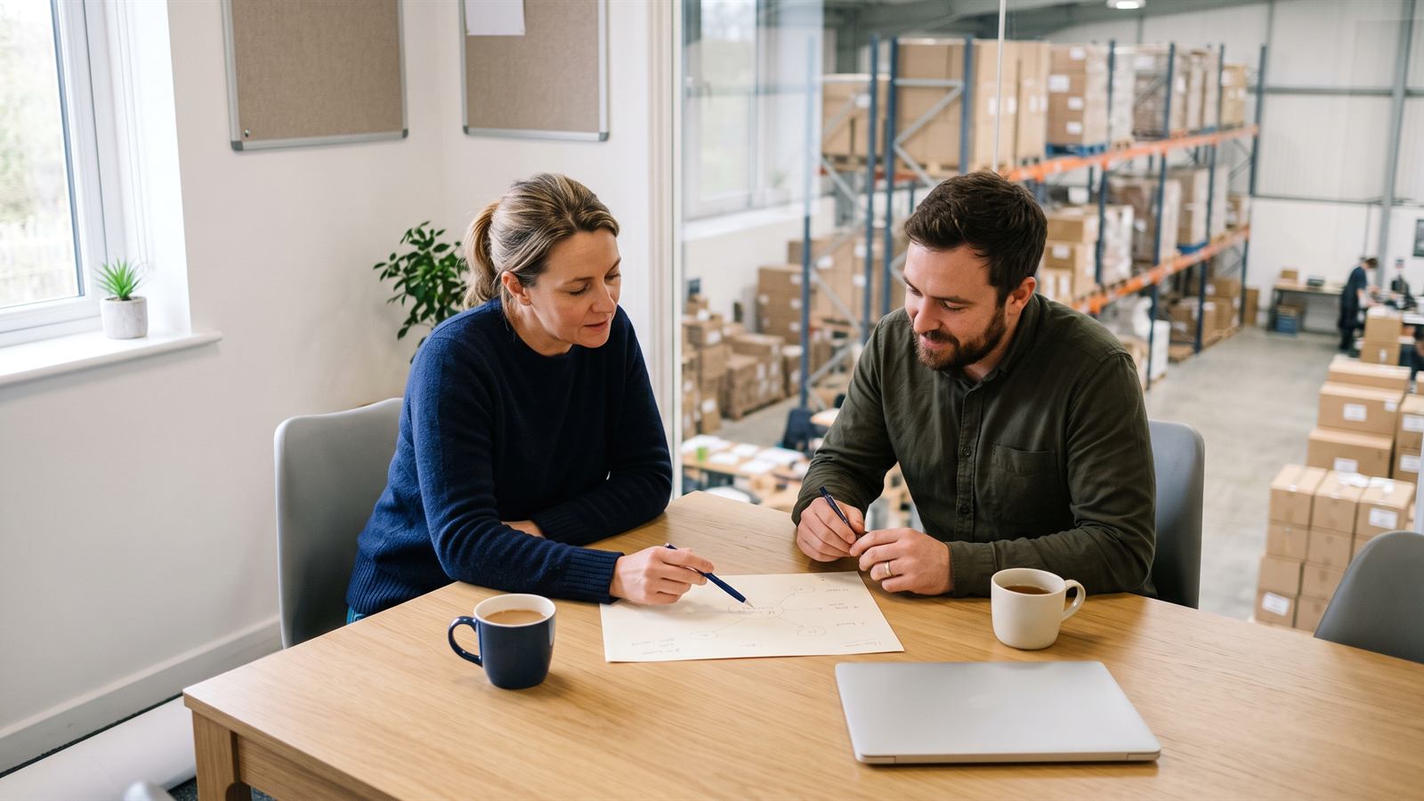 A business owner and her operations manager planning together over a single sheet of paper in a modern office overlooking their warehouse
