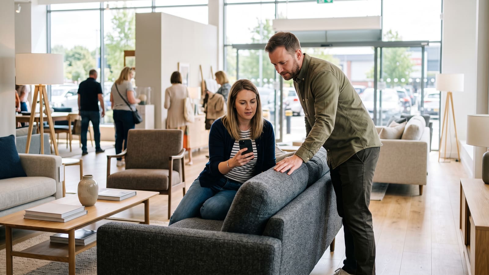 A couple look at a sofa in a furniture showroom while one of them checks a phone