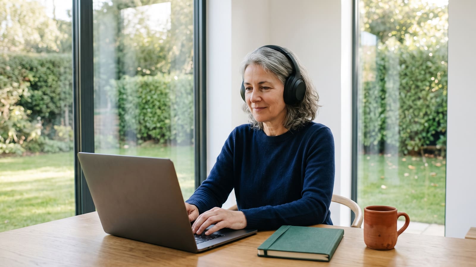A woman wearing headphones follows an online lesson on her laptop in a garden-room home office
