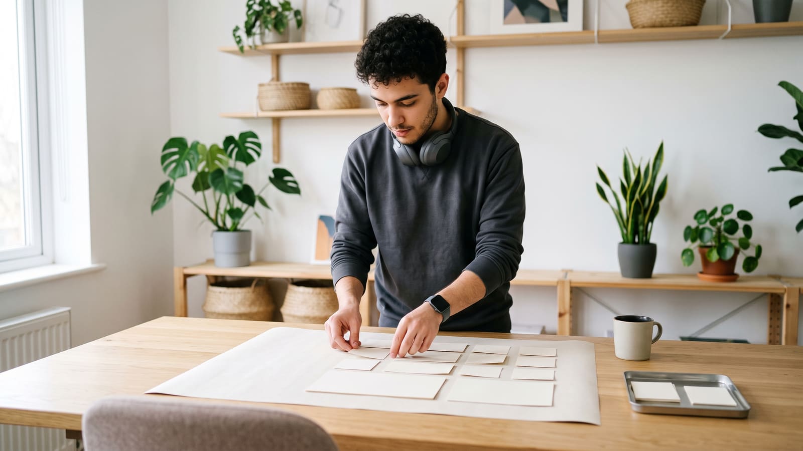 A front-end developer arranges blank paper cards into a nested layout on a desk