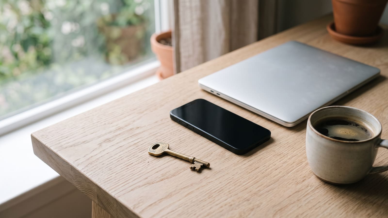 A single brass key on a desk beside a phone, a closed laptop and a coffee