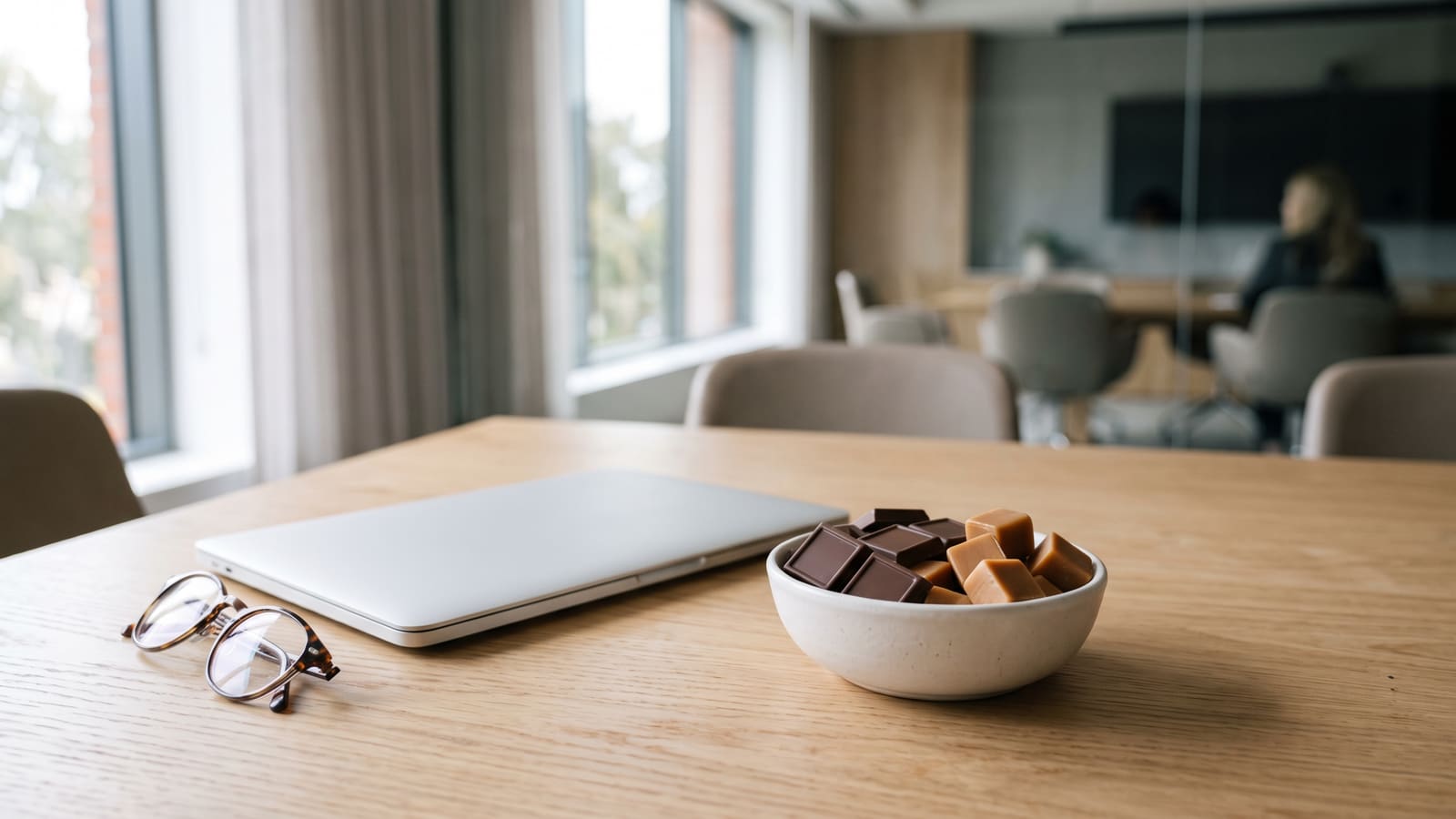 A bowl of chocolate squares and caramels beside a closed laptop and reading glasses on a boardroom table