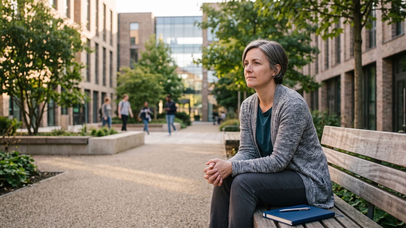 A lead developer sits thoughtfully on a bench in a modern campus courtyard