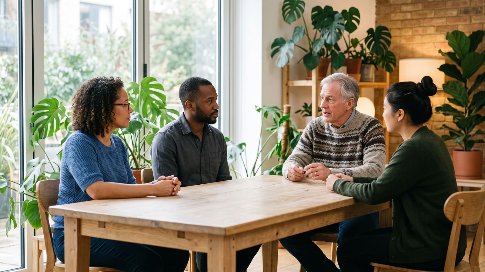 A software team of mixed ages talks around a table while an older engineer speaks